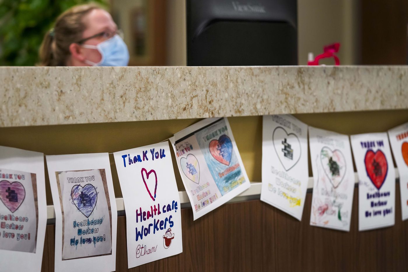 Thank you notes from area school children line a nurses station in the maternity ward at Faith Community Hospital.