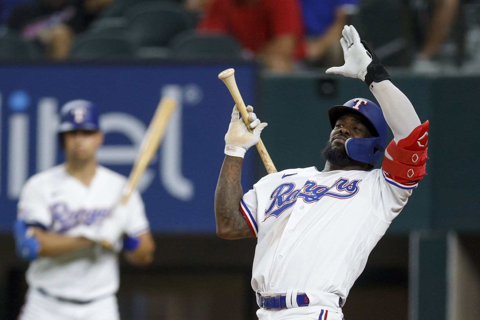 Texas Rangers right fielder Adolis Garcia (53) reacts to a pitch during the fifth inning of...