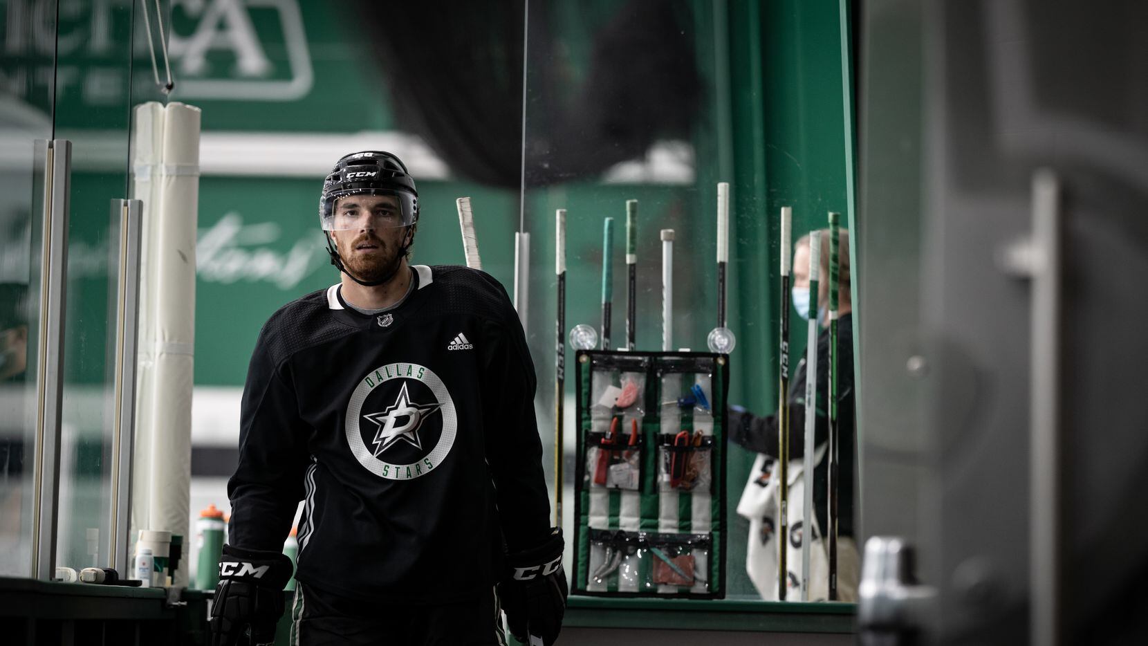 Stephen Johns (28) is seen as the Dallas Stars opened postseason training camp at the Comerica Center, Monday July 13, 2020 in Frisco, Texas. The Dallas team was together in the same building for the first time Monday since the NHL went on hiatus due to the coronavirus pandemic.