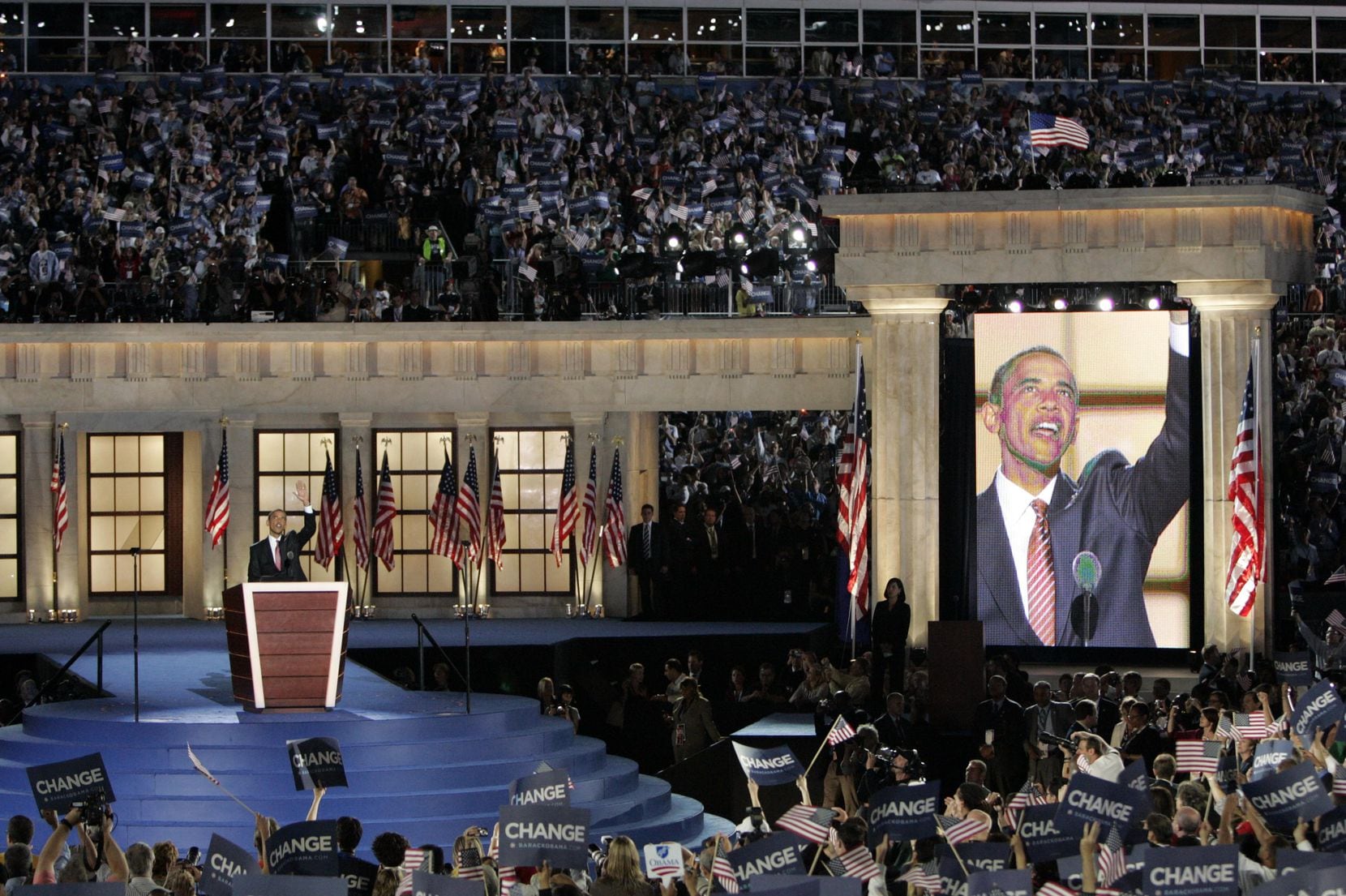 Sen. Barack Obama accepts the 2008 nomination for president at Invesco Field at Mile High in...