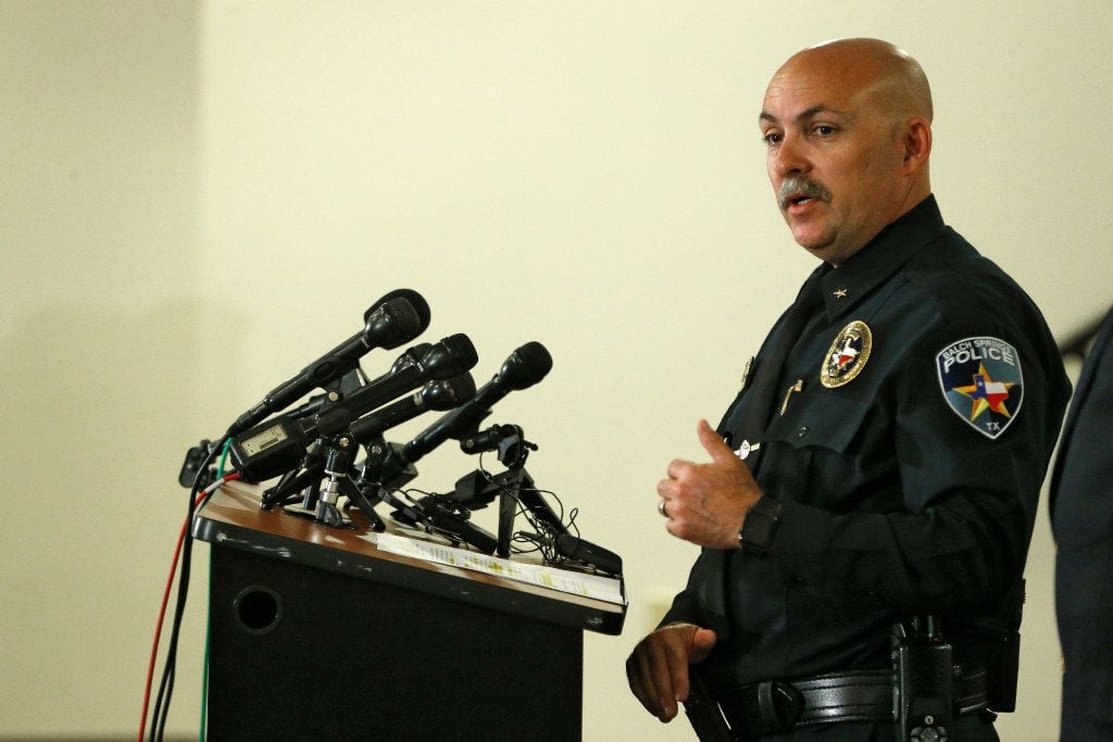 Balch Springs Police Chief Jonathan Haber speaks during a press conference after an officer...