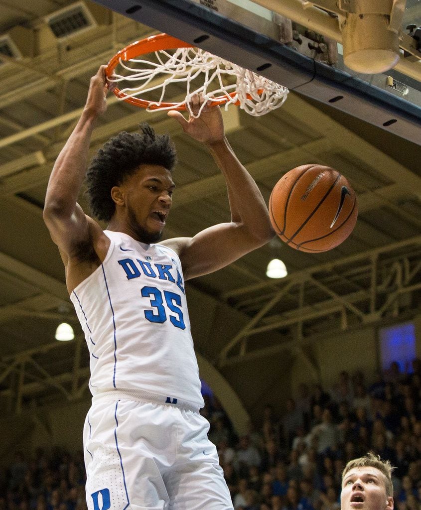 Duke's Marvin Bagley III (35) dunks the ball during the first half of an NCAA college...