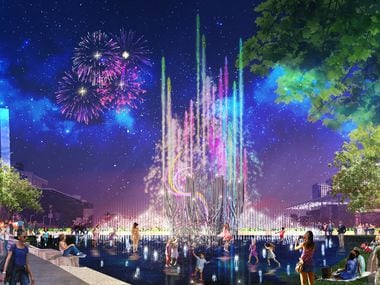 An artist's rendering of the Nancy Best Fountain in Klyde Warren Park, which will feature the world's tallest water jets. Construction on the $10 million project will begin in the summer with completion expected in December 2021.