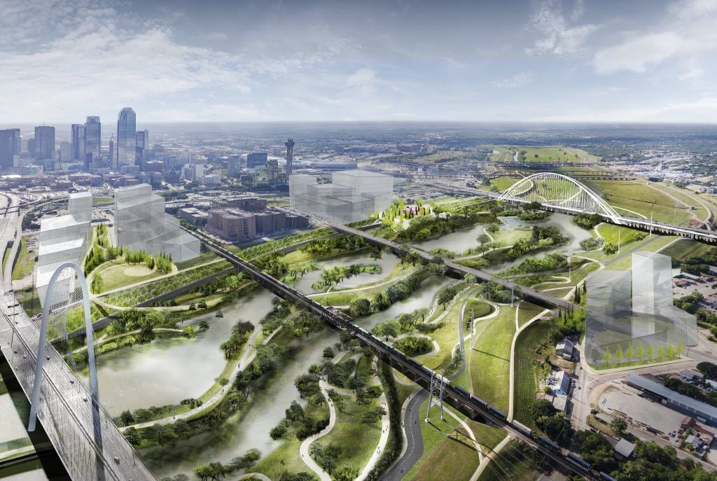 A digital, conceptual rendering of the Trinity River Plan introduced May 20, 2016. This view shows a one-year flood event.
