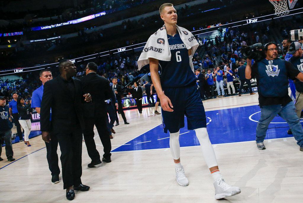Dallas Mavericks forward Kristaps Porzingis (6) exits the court following his first regular season game as a Dallas Maverick after a National Basketball Association matchup between the Dallas Mavericks and the Washington Wizards on Wednesday, Oct. 23, 2019 at American Airlines Center in Dallas. (Ryan Michalesko/The Dallas Morning News)