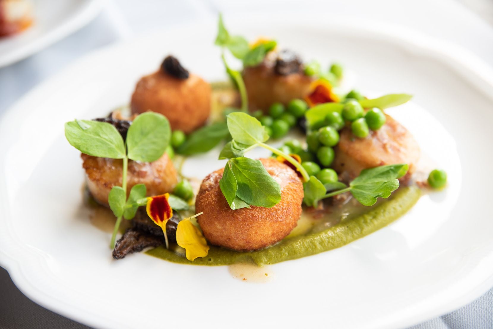 Monarch will serve Georges Bank sea scallops with king crab arancini with English peas and...
