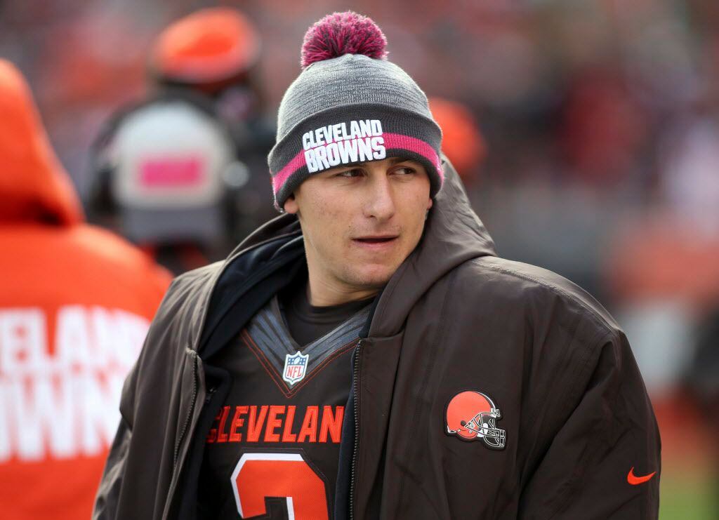 In this Sunday, Oct. 18, 2015, photo Cleveland Browns quarterback Johnny Manziel watches on...