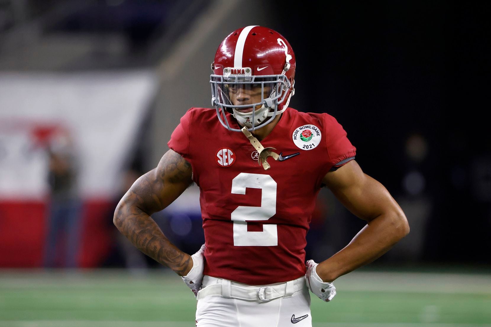 FILE — Alabama defensive back Patrick Surtain II (2) looks on against Notre Dame during the Rose Bowl NCAA college football game in Arlington, Texas, Friday, Jan. 1, 2021. 