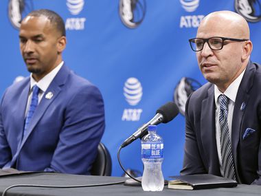 Dallas Mavericks new head coach Jason Kidd (right) and new general manager Nico Harrison respond to questions during a press conference to formally introduce them at the American Airlines Center, Thursday, July 15, 2021.
