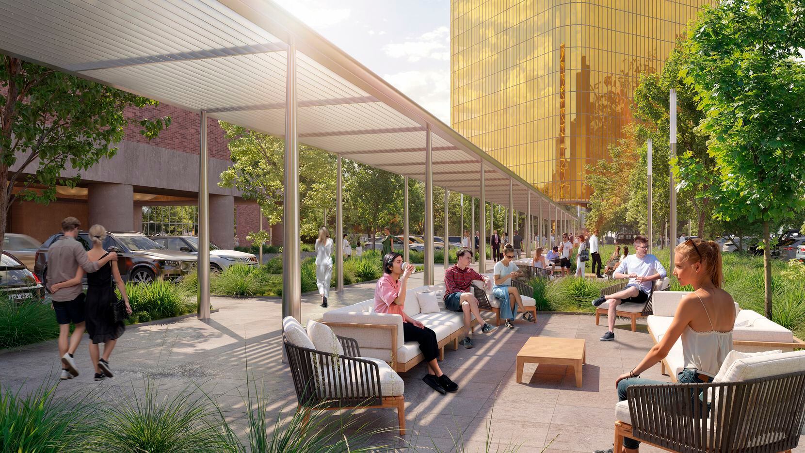A landscaped promenade will connect the gold glass towers, which are being renamed The Gild.