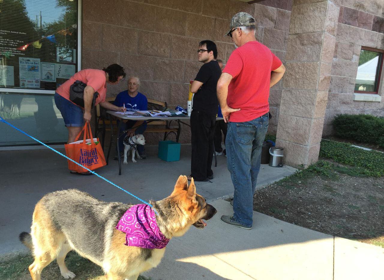 Guests line up Saturday at the Richardson Animal Shelter for the Clear the Shelter pet...