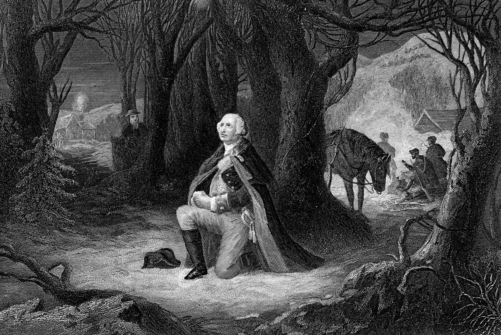 Engraving From 1882 Of George Washington Praying At Valley Forge During The American...