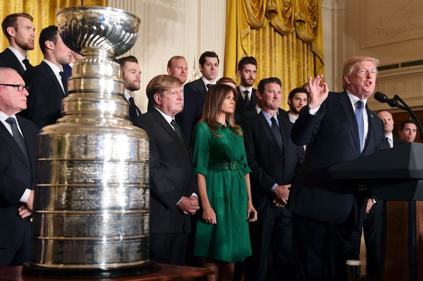 President Donald Trump speaks during a ceremony to honor the 2017 NHL Stanley Cup champion...