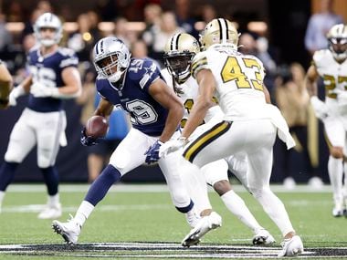 Dallas Cowboys wide receiver Amari Cooper (19) makes a move on New Orleans Saints free safety Marcus Williams (43) after a big first quarter completion at the Caesars Superdome in New Orleans, Louisiana December 2, 2021.