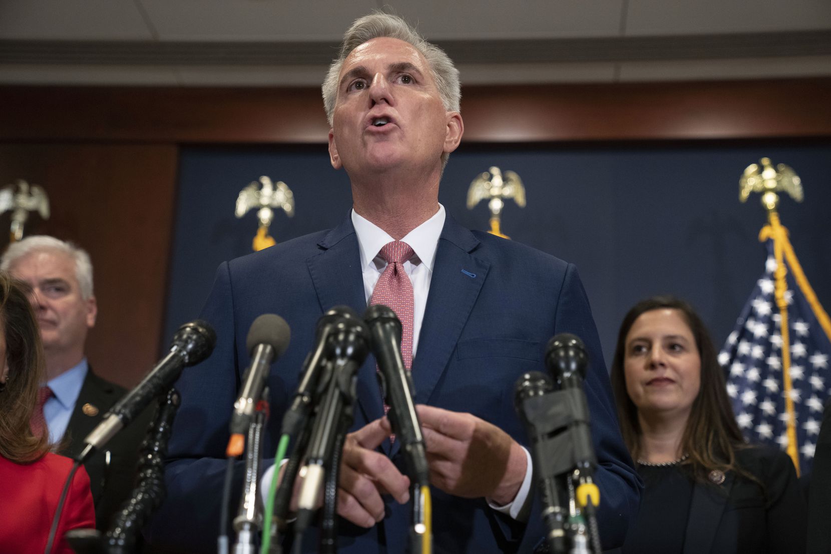 House Minority Leader Kevin McCarthy, of Calif., talks the media, Tuesday, Nov. 15, 2022,...