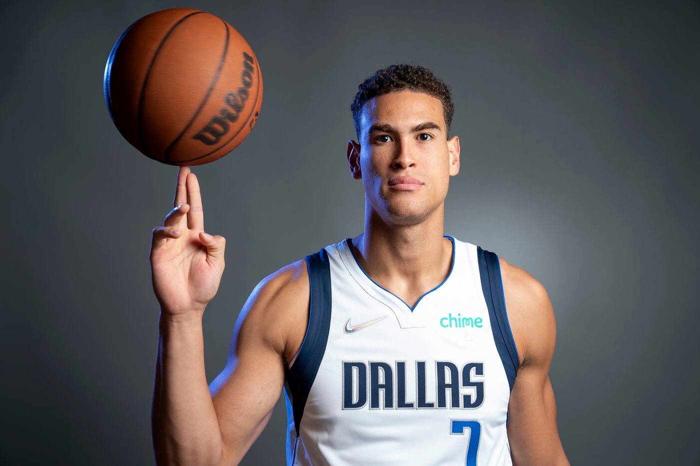 Dallas Mavericks center Dwight Powell (7) poses for a portrait during the Dallas Mavericks media day, Monday, September 27, 2021 at American Airlines Center in Dallas. (Jeffrey McWhorter/Special Contributor)
