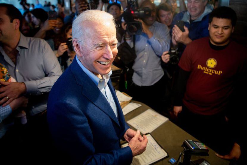 Democratic presidential candidate Joe Biden buys a pie at Buttercup Diner in Oakland,...
