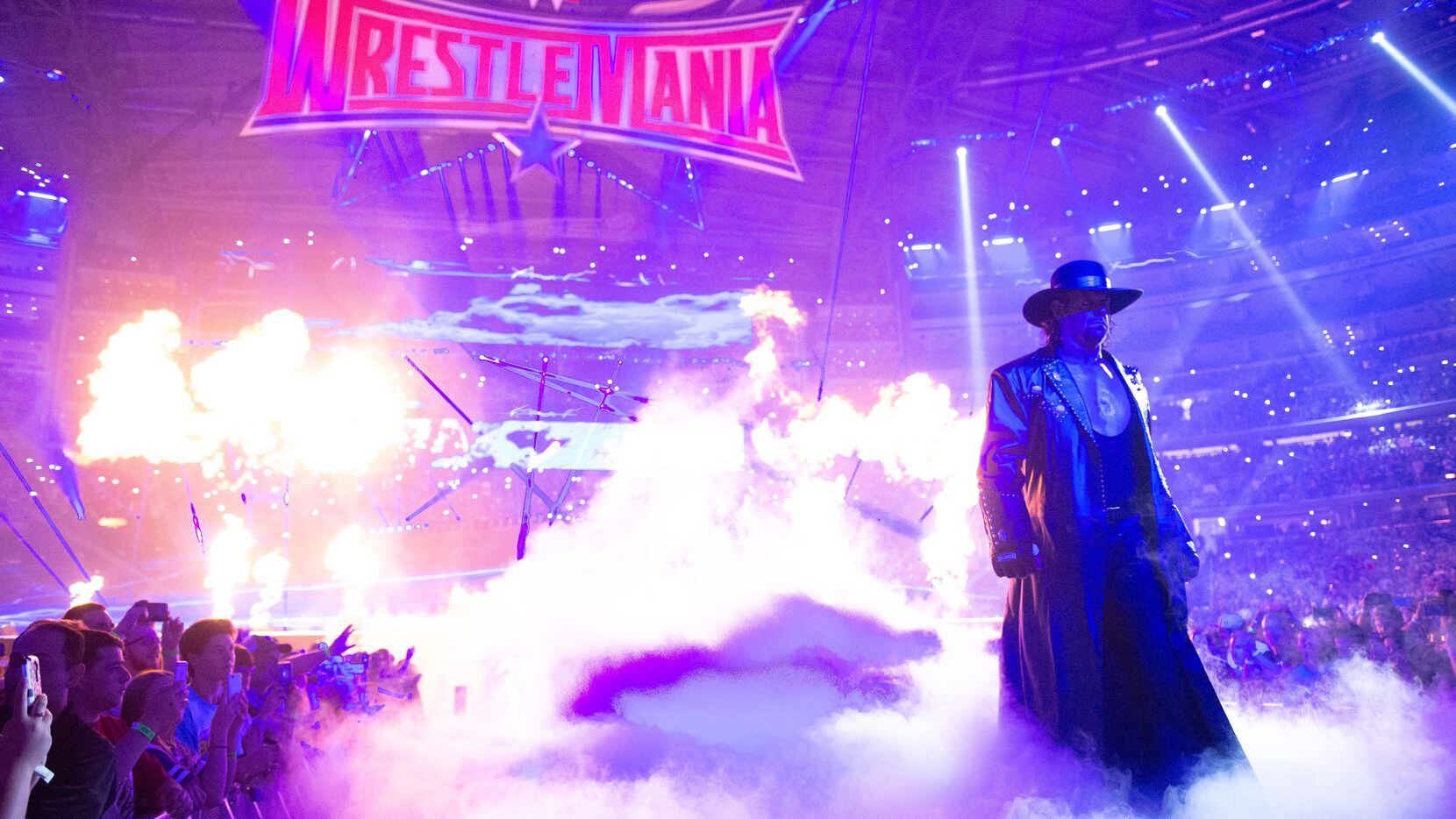 The Undertaker makes his entrance to face Shane McMahon at WrestleMania 32 at AT&T Stadium in Arlington, Texas.