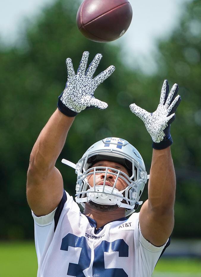 Dallas Cowboys running back Brenden Knox (36) makes a catch during a minicamp practice at The Star on Tuesday, June 8, 2021, in Frisco. (Smiley N. Pool/The Dallas Morning News)
