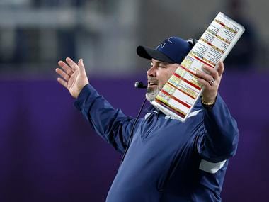 Dallas Cowboys head coach Mike McCarthy shows his disgust following a fourth quarter penalty call during their game against the Minnesota Vikings at U.S. Bank Stadium in Minneapolis, Minnesota, Sunday, October 31, 2021.