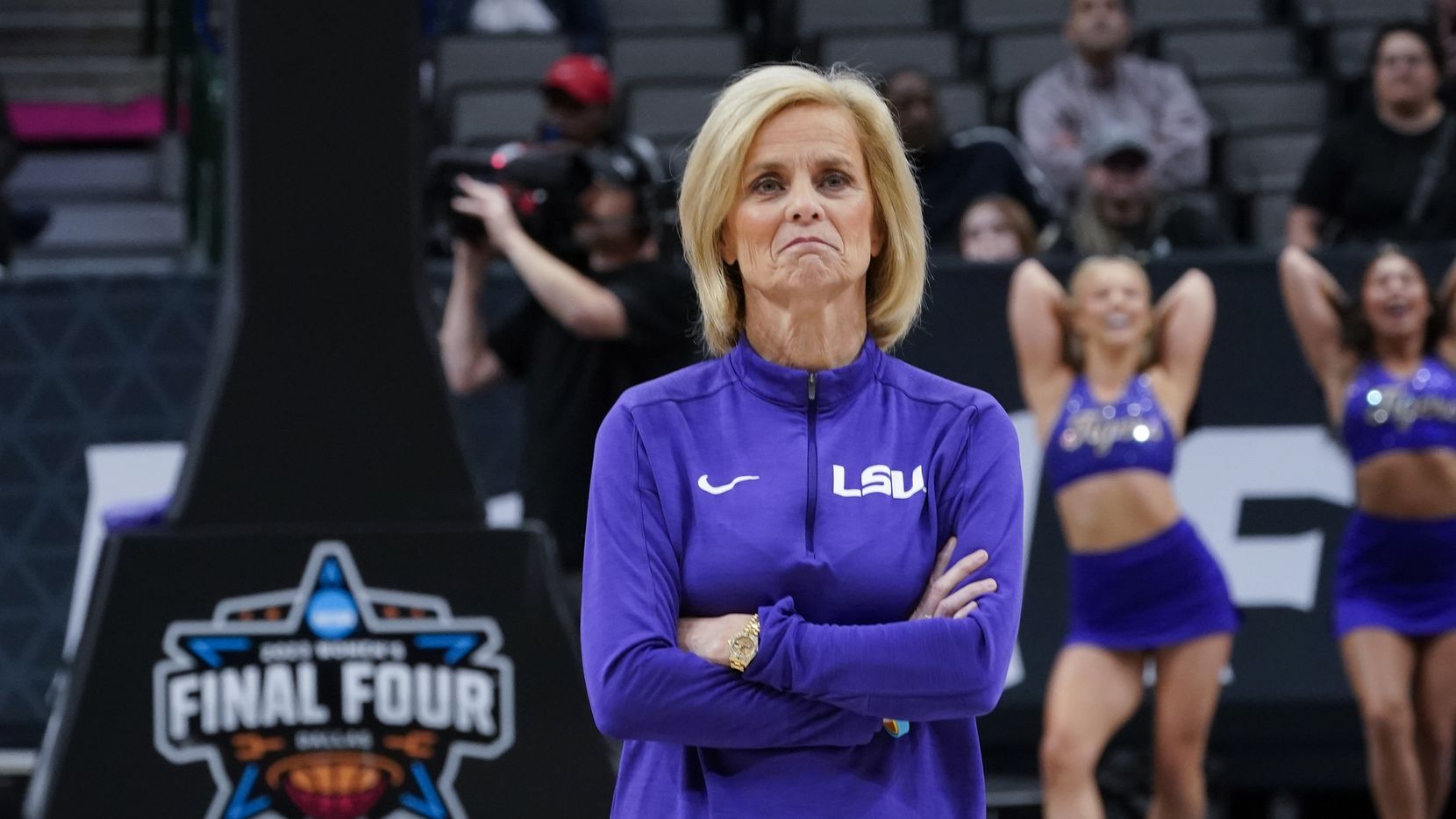 LSU head coach Kim Mulkey watches during a practice session for an NCAA Women's Final Four...