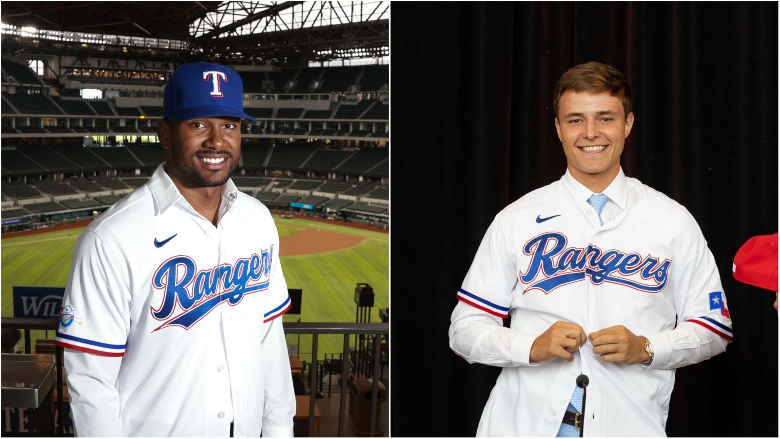 Kumar Rocker, left, and Jack Leiter, each pictured on their first day in the Rangers...