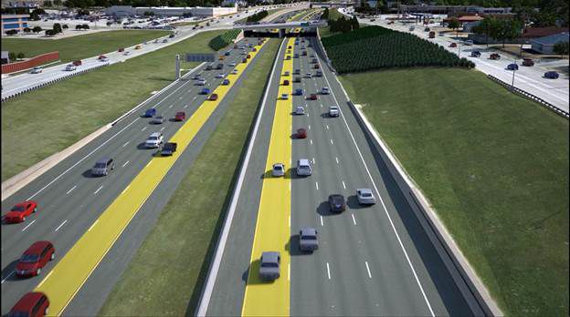 Vista de cómo se verá la autopista PFBT con un cuarto carril añadido. Foto cortesía de NORTH...