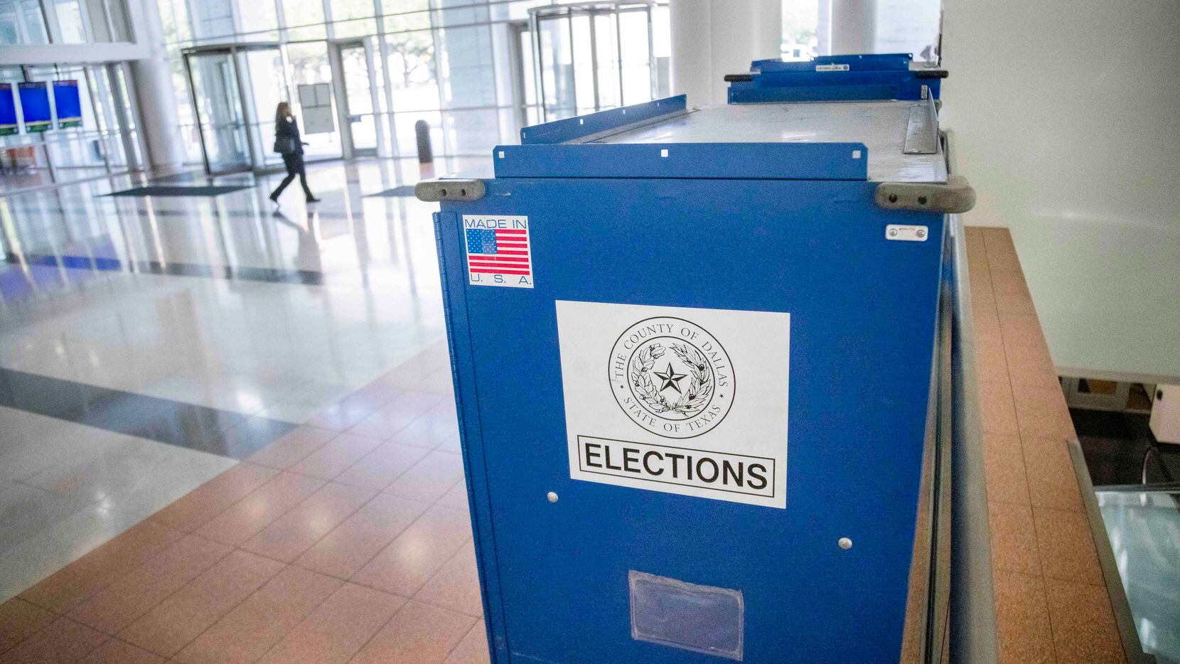 Equipment belonging to Dallas County Elections sat in the lobby of the George Allen Courts...