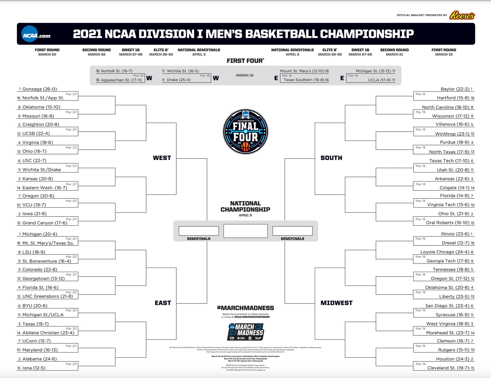 Ready for March Madness? Print and fill out your own NCAA Tournament