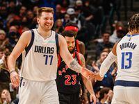 Dallas Mavericks Luka Doncic (77) celebrates during a game against Toronto Raptors at the American Airlines Center in Dallas on Wednesday, January 19, 2022.