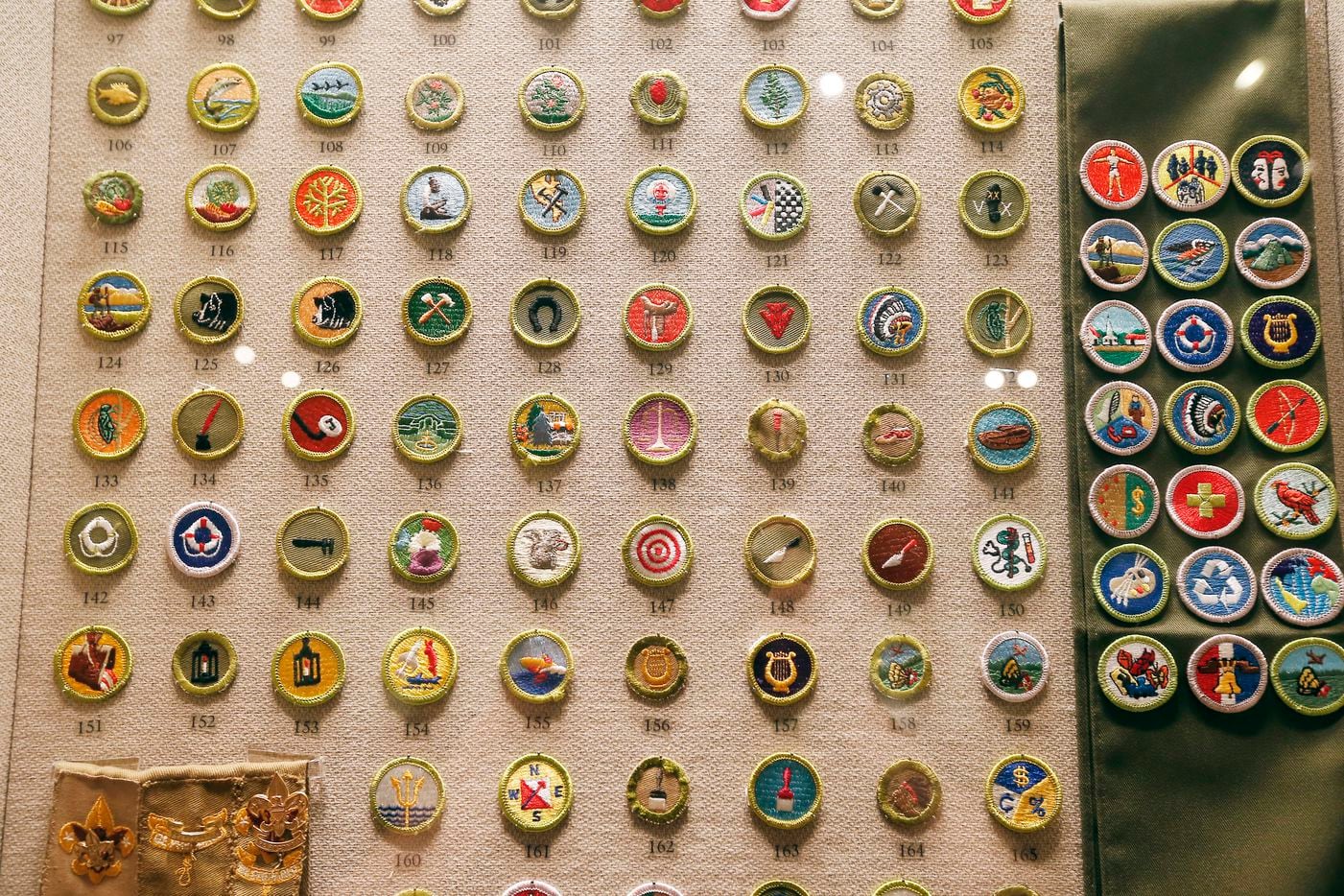 A display of 251 merit badges, some are no longer are given at the Boys Scouts of America...