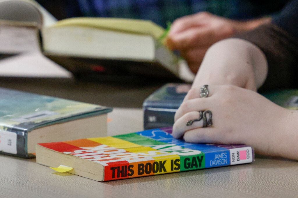 Granbury High School junior Lou Whiting, 17, rests their hands on “This Book is Gay” by...