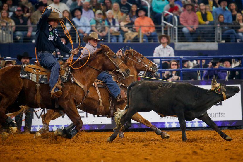 Team Ropers Luke Brown and Joseph Harrison compete in RFD-TV's The American rodeo at AT&T...