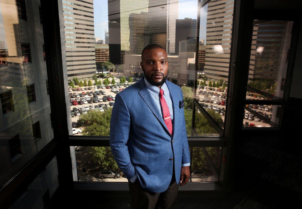 Attorney Lee Merritt in his downtown Dallas office building.