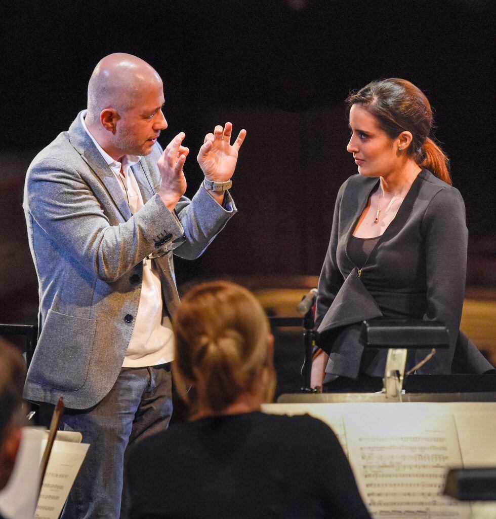 Maestro Carlo Montanaro works with Lina Gonzalez-Granados during the Dallas Opera's Hart...