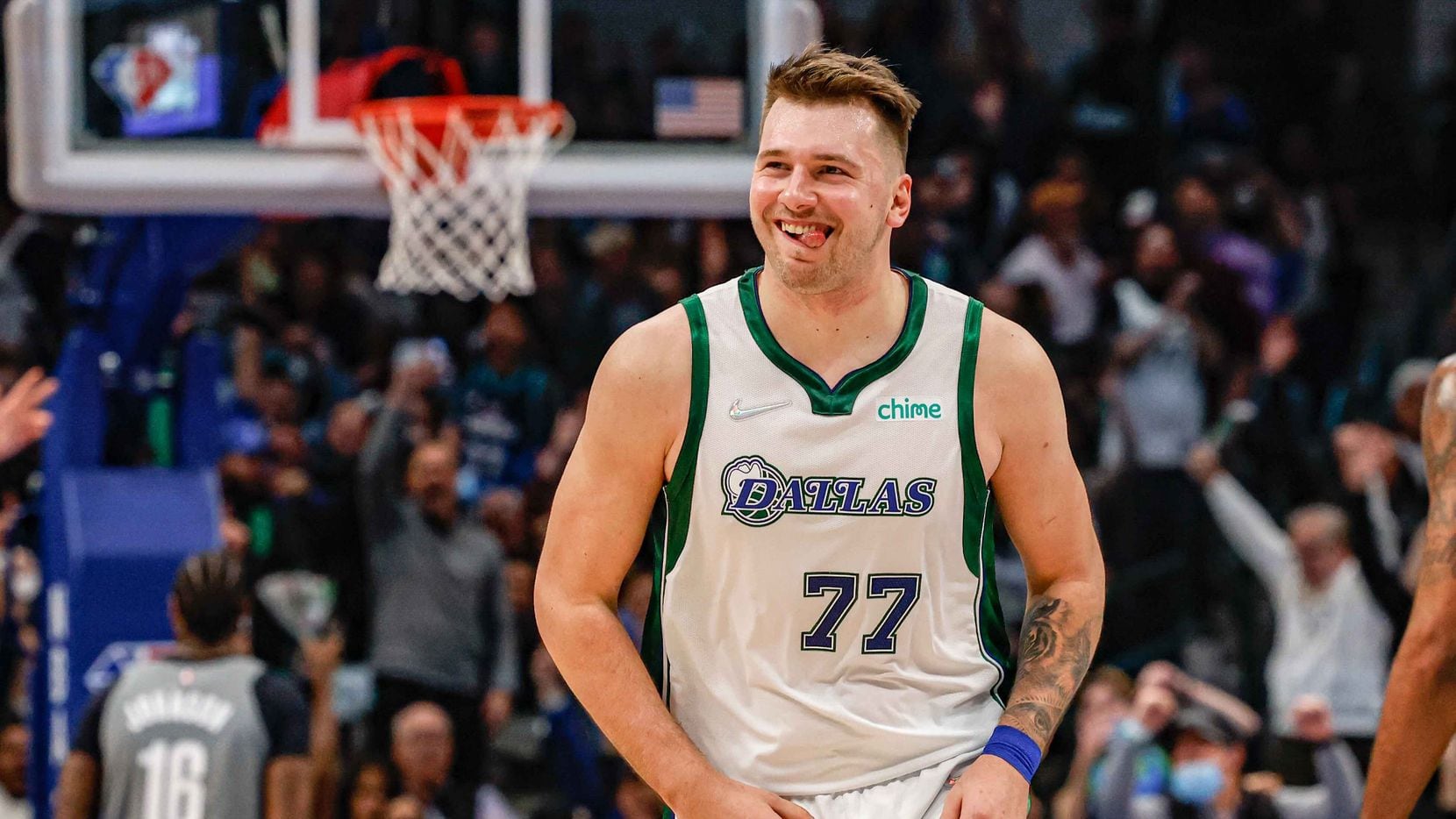 Dallas Mavericks guard Luka Doncic (77) celebrates a 3 points shot against the Brooklyn Nets Dallas Mavericks during the first half at the American Airlines Center in Dallas on Tuesday, December 7, 2021.
