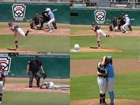 In this combination of photos from video provided by ESPN, pitcher Kaiden Shelton (29), of...