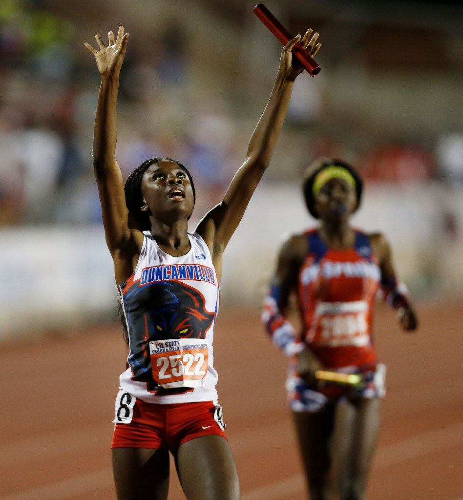 Duncanville's Arius Williams celebrates finishing second in the class 6A girls 4x400-meter...