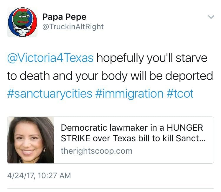 A tweet directed at Rep. Victoria Neave over her planned hunger strike. 