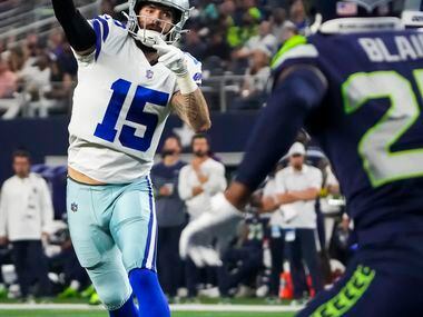 Dallas Cowboys quarterback Will Grier (15) throws a touchdown pass during the second quarter...