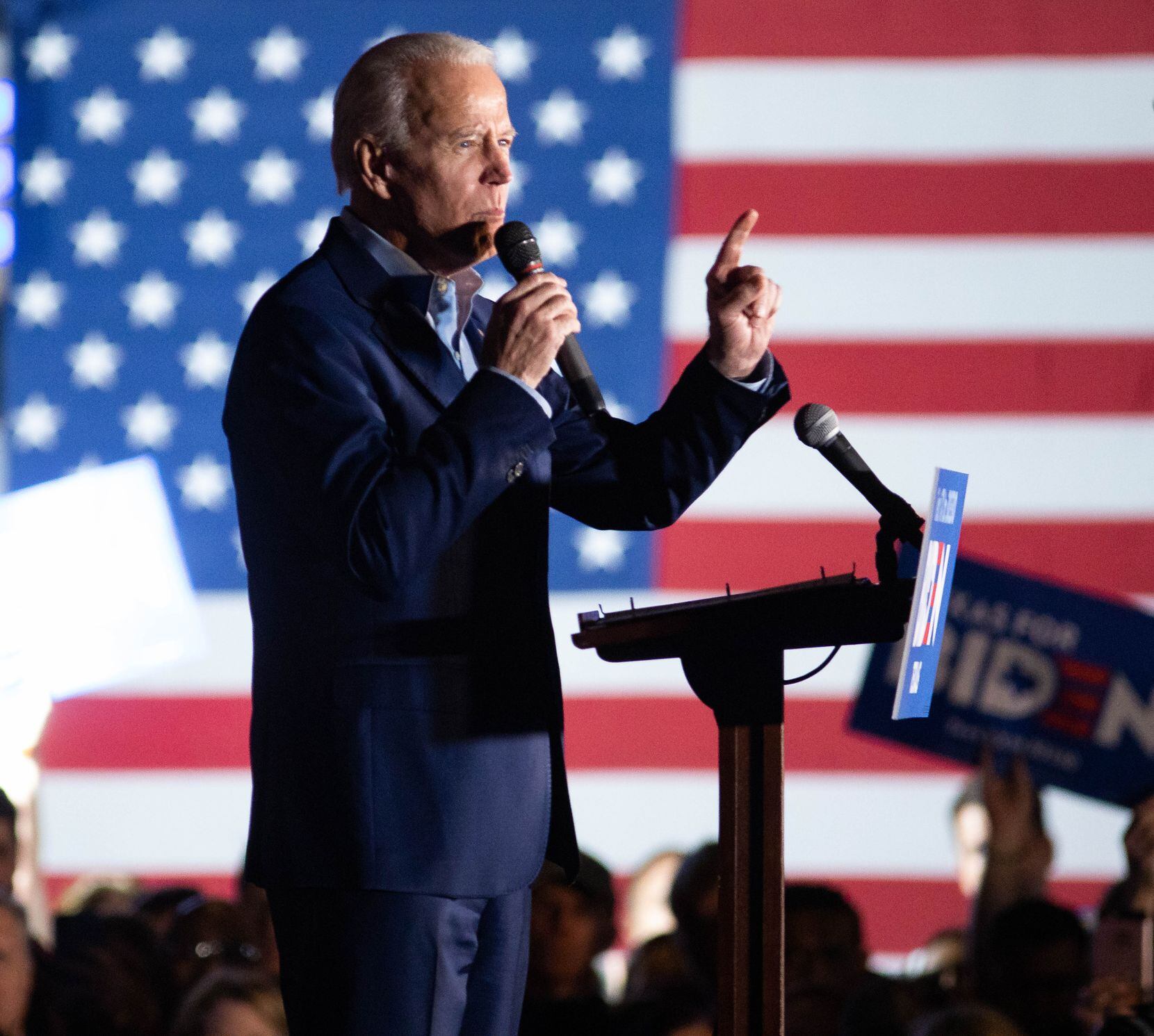 Democratic presidential primary candidate Joe Biden speaks during a rally held at Gilley's...