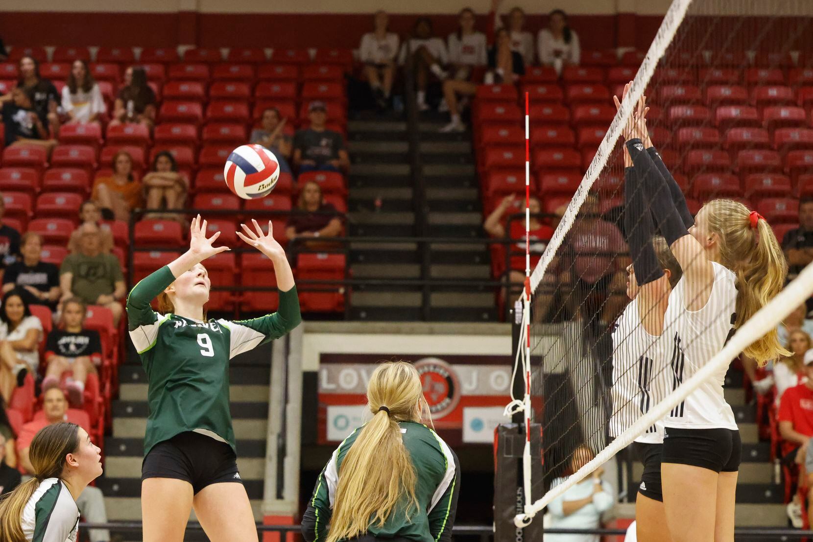 Prosper’s Ella Chaney (9) hits the ball against Lovejoy during a season-opening match at...