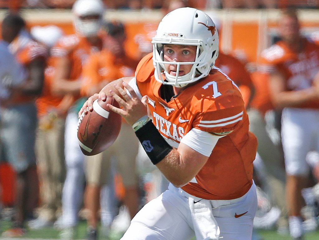 FILE - Texas Longhorns quarterback Shane Buechele (7) is pictured during the University of Maryland Terrapins vs. the University of Texas Longhorns NCAA football game at Darrell K Royal Texas Memorial Stadium in Austin, Texas on Saturday, September 2, 2017. (Louis DeLuca/The Dallas Morning News)