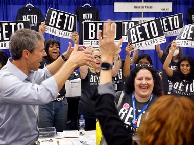 Democratic gubernatorial challenger Beto O'Rourke cheers supporters as they took photos with...