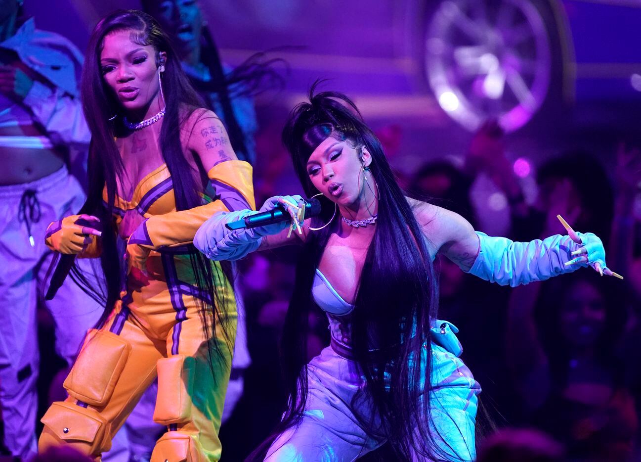 GloRilla, left, and Cardi B perform "Tomorrow 2" at the American Music Awards on Sunday,...