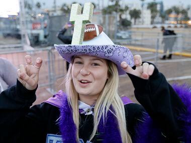 TCU Horned Frog student Sutter Portner sports a football field cowboy hat during the Riff...
