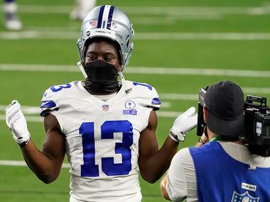 Dallas Cowboys wide receiver Michael Gallup (13) celebrates after a win over the Philadelphia Eagles in an NFL football game at AT&T Stadium on Sunday, Dec. 27, 2020, in Arlington.