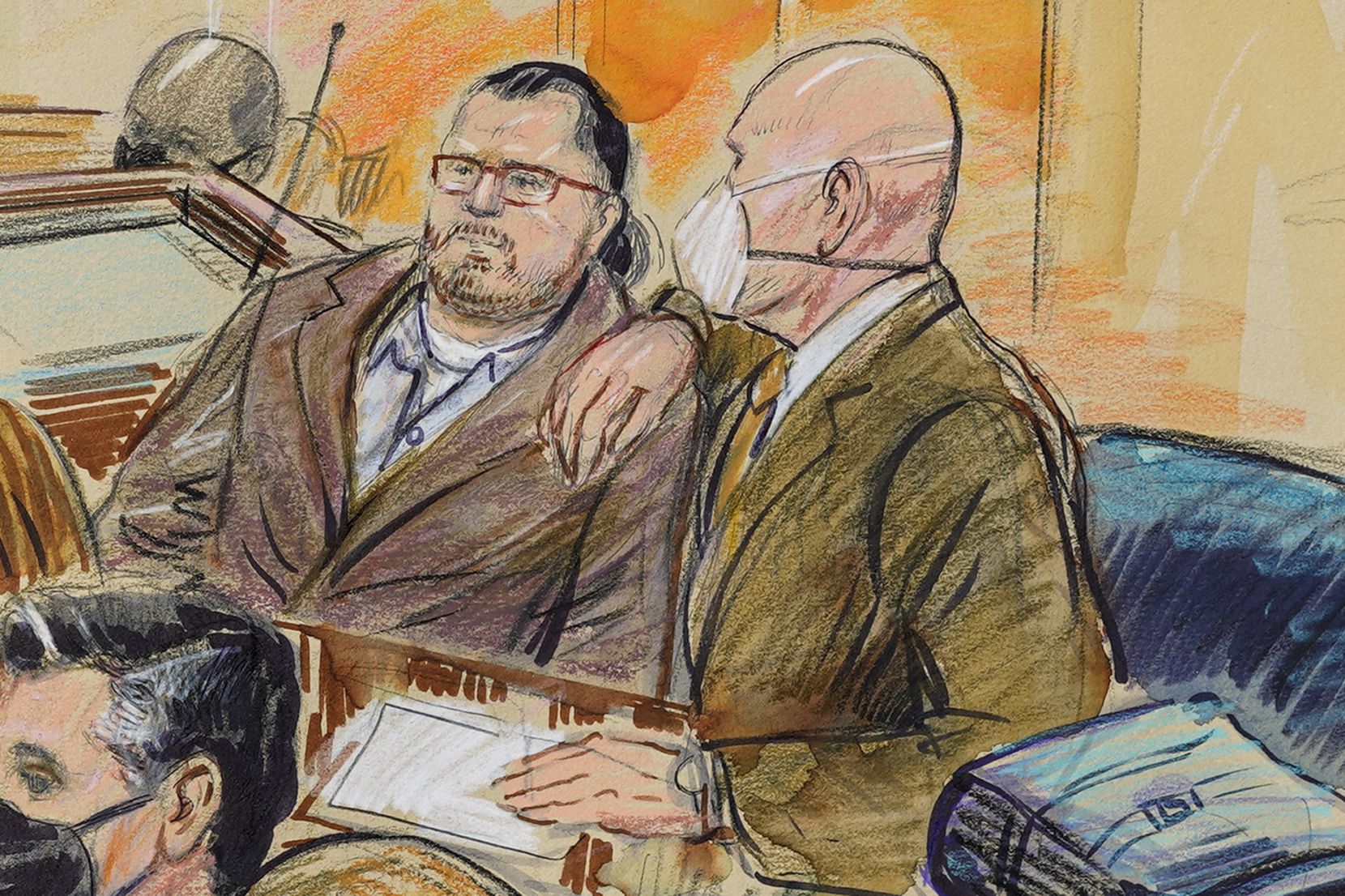FILE - This artist sketch depicts Guy Wesley Reffitt, joined by his lawyer William Welch,...