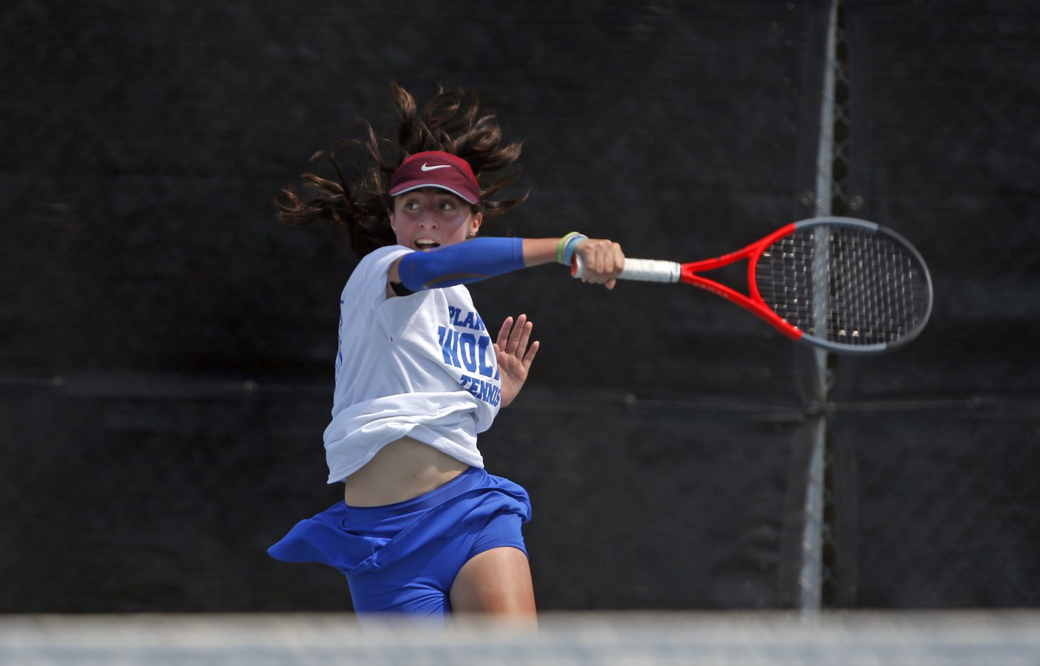 In a 6A girls singles match, Plano West's Natasha Opaciuch makes a return. UIL state tennis semifinals at Northside ISD Tennis Center on Thursday, May 20, 2021.