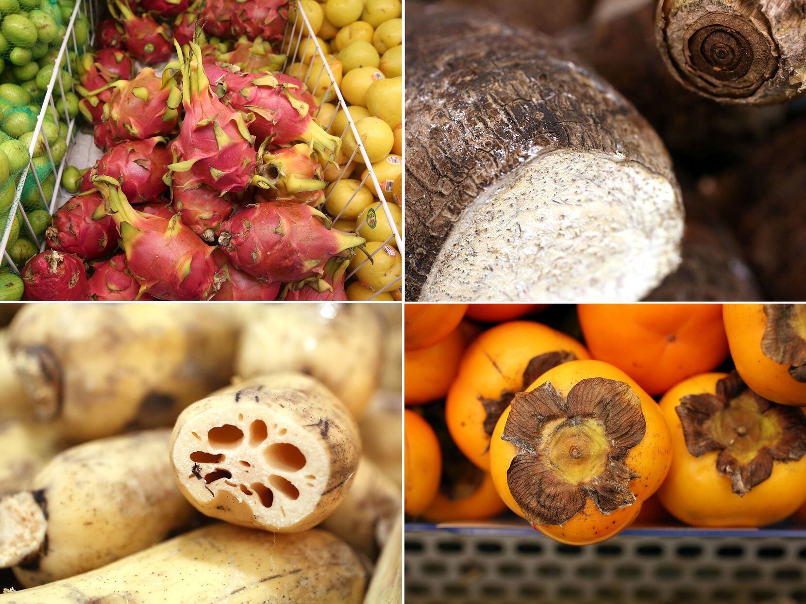 Clockwise from top left: dragon fruit; taro root, persimmons and lotus root